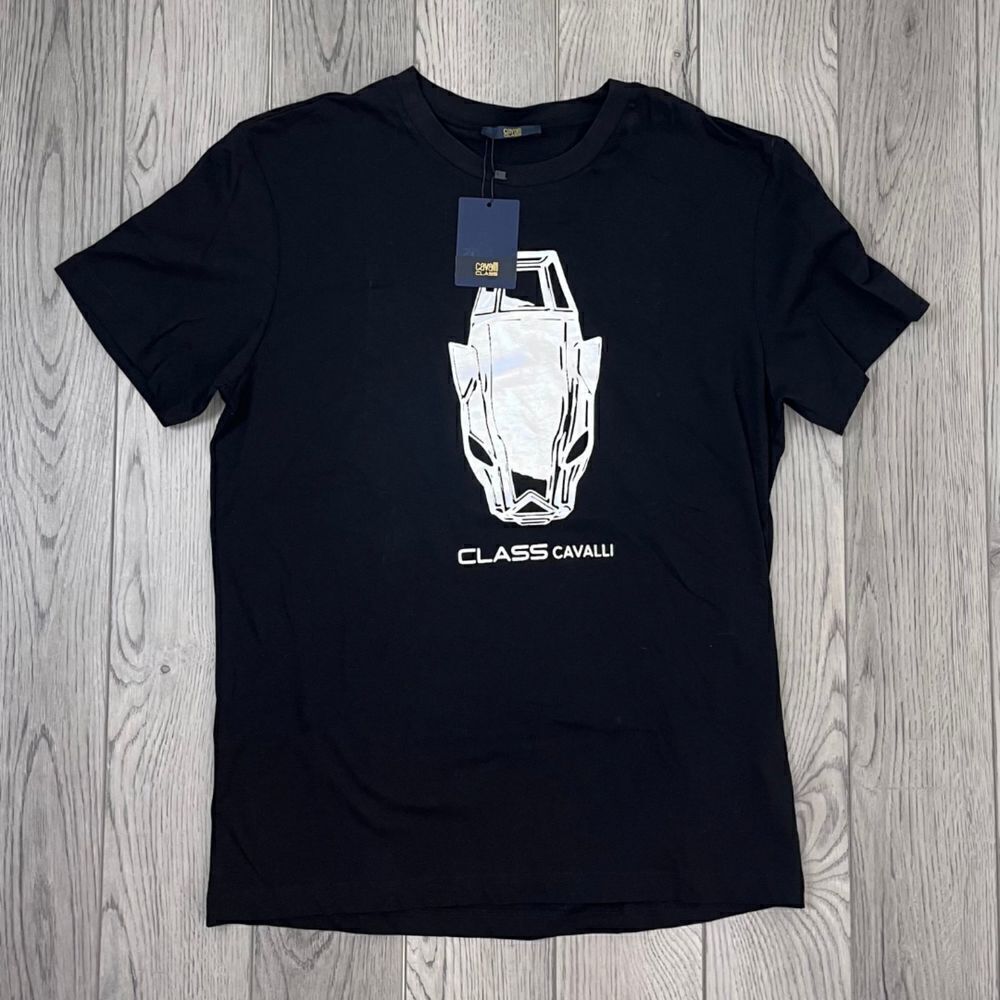 Cavalli Class Black Men Size XL Graphic Cotton Crewneck Short Sleeve Tee Shirt